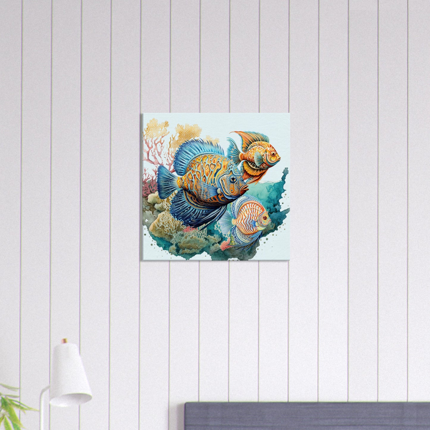 Trio Tropical Fish with Coral Left Canvas Wall Print on Caribbean Rays