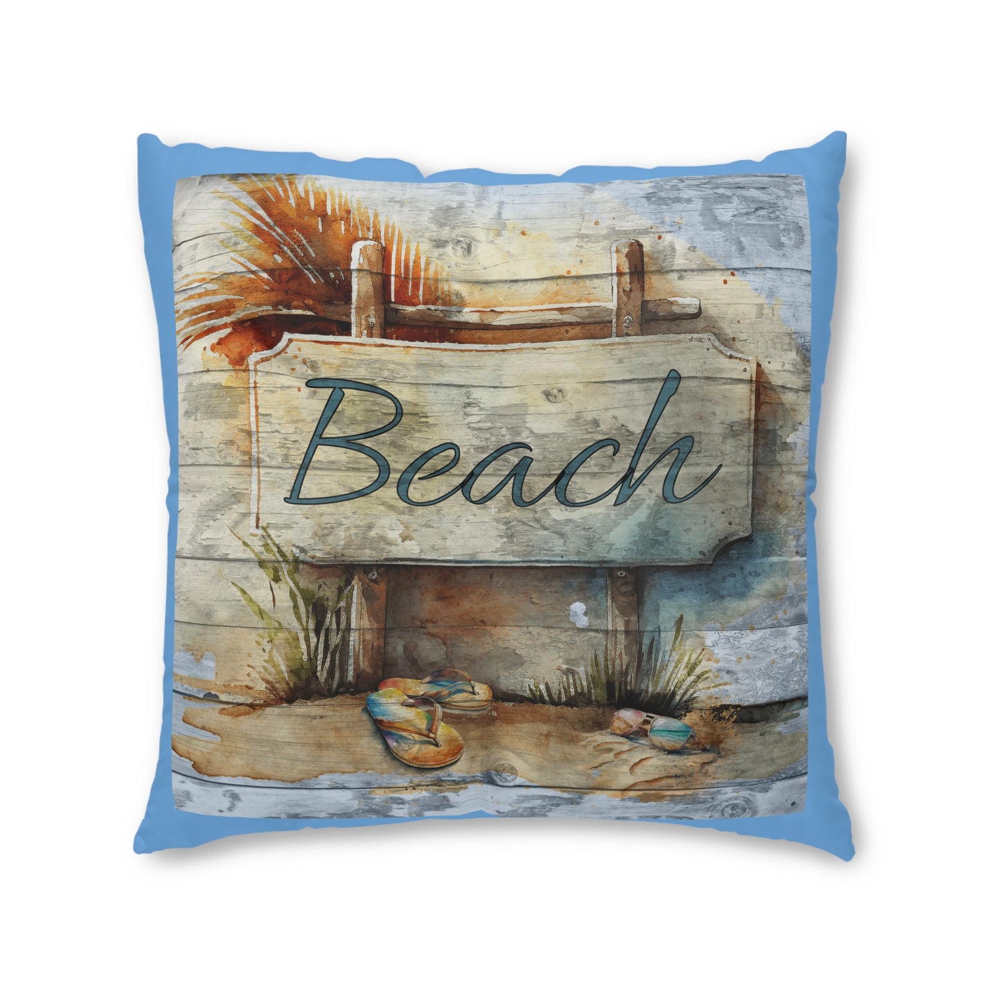 Rustic Beach Sign Blue Tufted Floor Pillow, Square -by Caribbean Rays