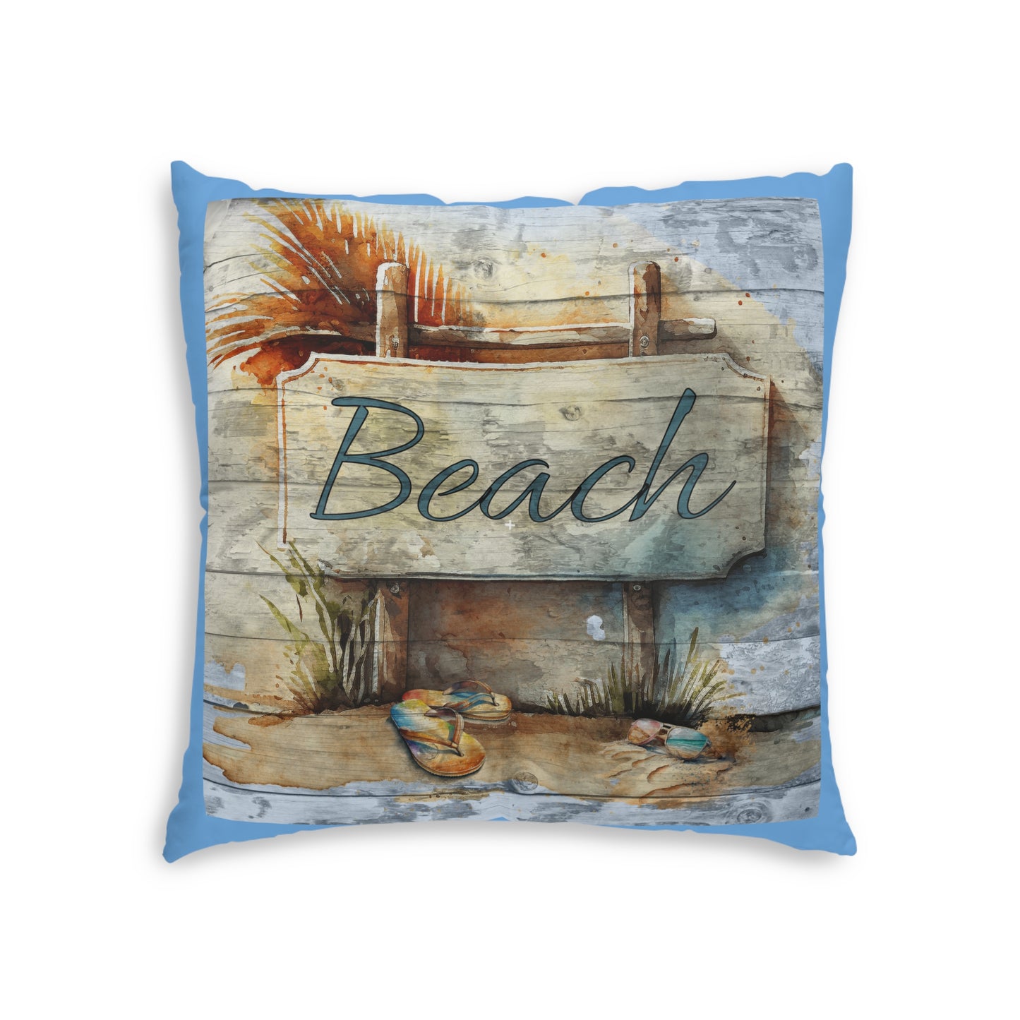 Rustic Beach Sign Blue Tufted Floor Pillow, Square -at Caribbean Rays