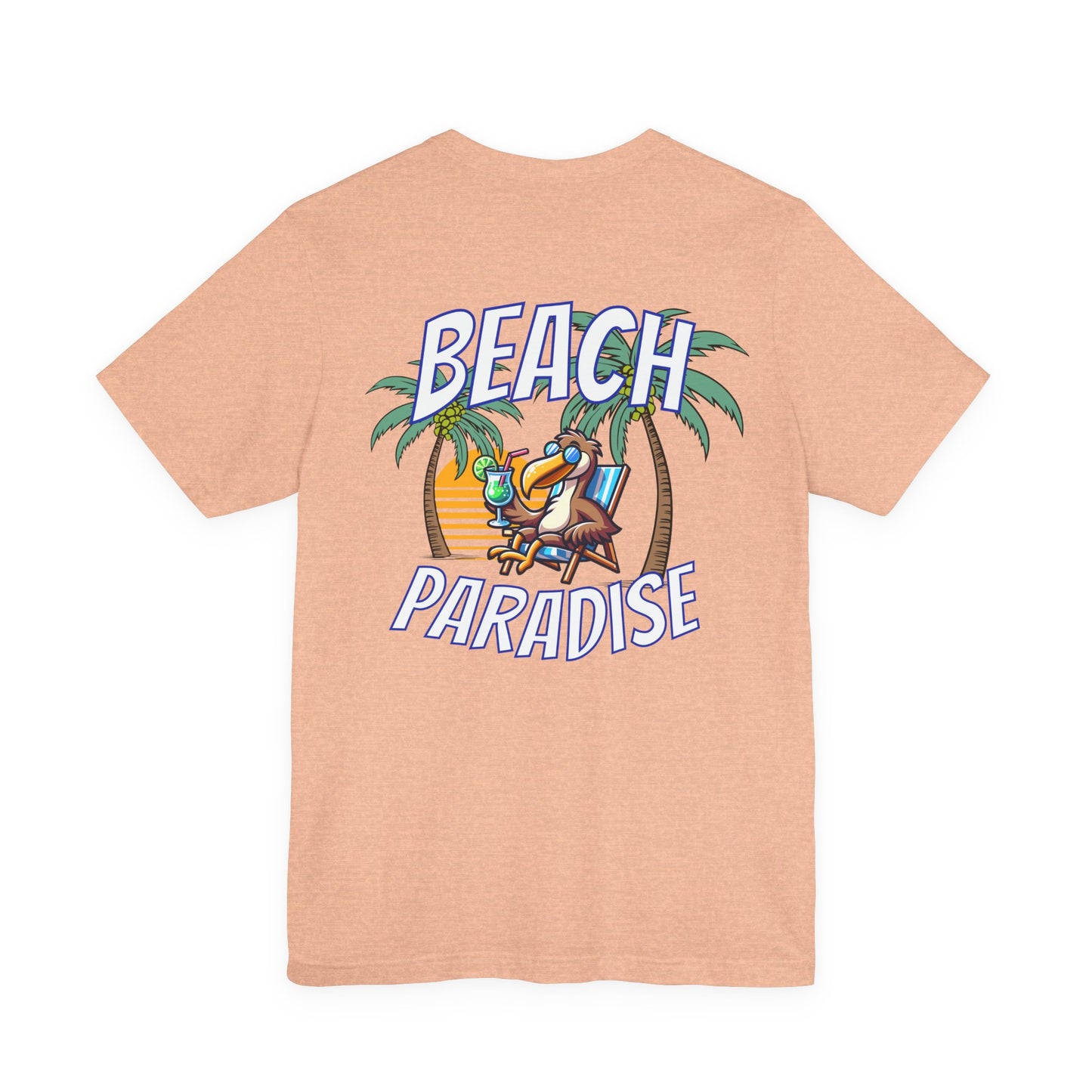 Peach t-shirt with 'Beach Paradise' graphic on a white background by Caribbean Rays