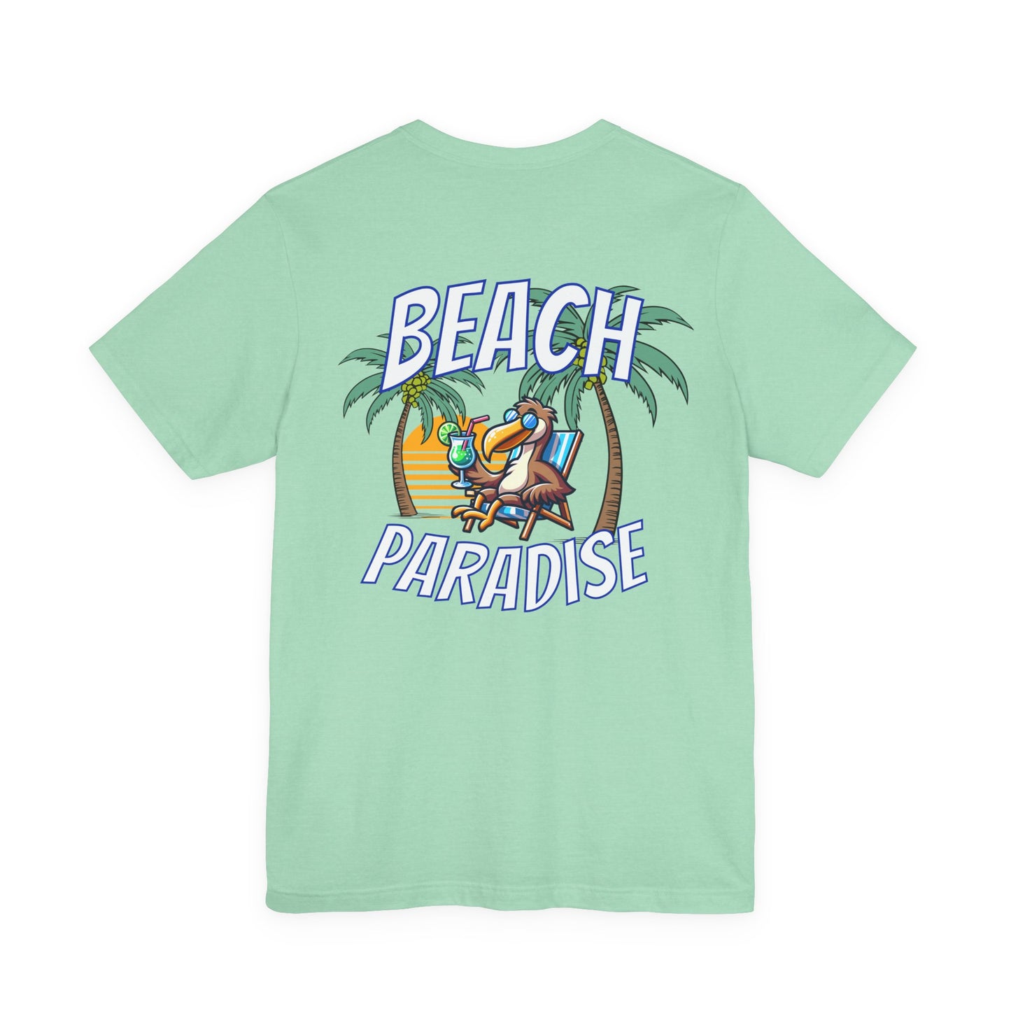 Light green t-shirt with 'Beach Paradise' graphic on a white background by Caribbean Rays