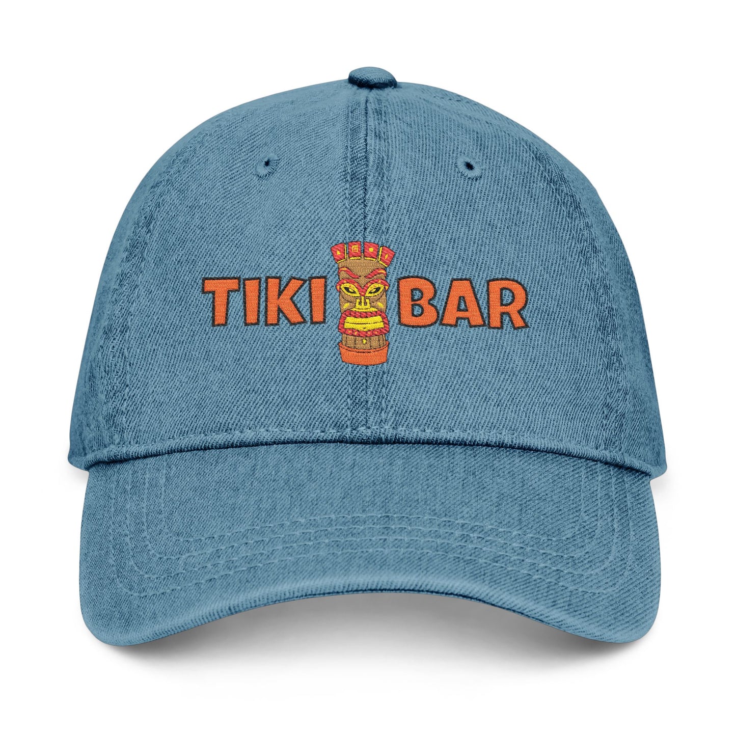 Tiki Bar Embroidered Hat — Vintage Tiki Totem Denim Baseball Cap