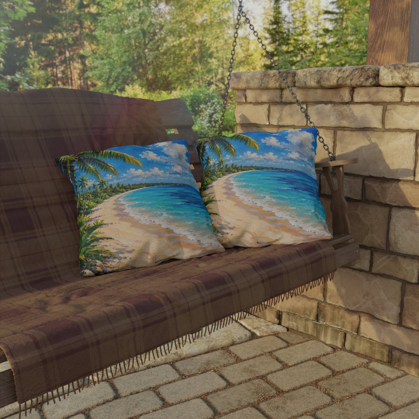Tropical Caribbean Beach Outdoor Pillow — Coastal Palm Tree Seaside Decor