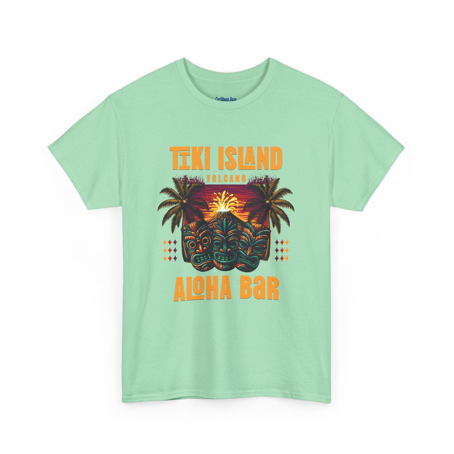 Light green t-shirt with 'Tiki Island' and 'Aloha Bar' design on a white background at Caribbean Rays