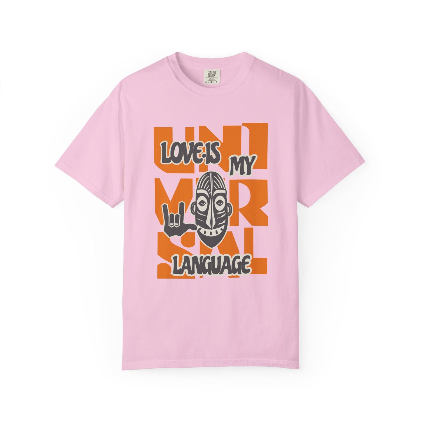 Pink t-shirt with colorful graphic and text on a white background at Caribbean Rays