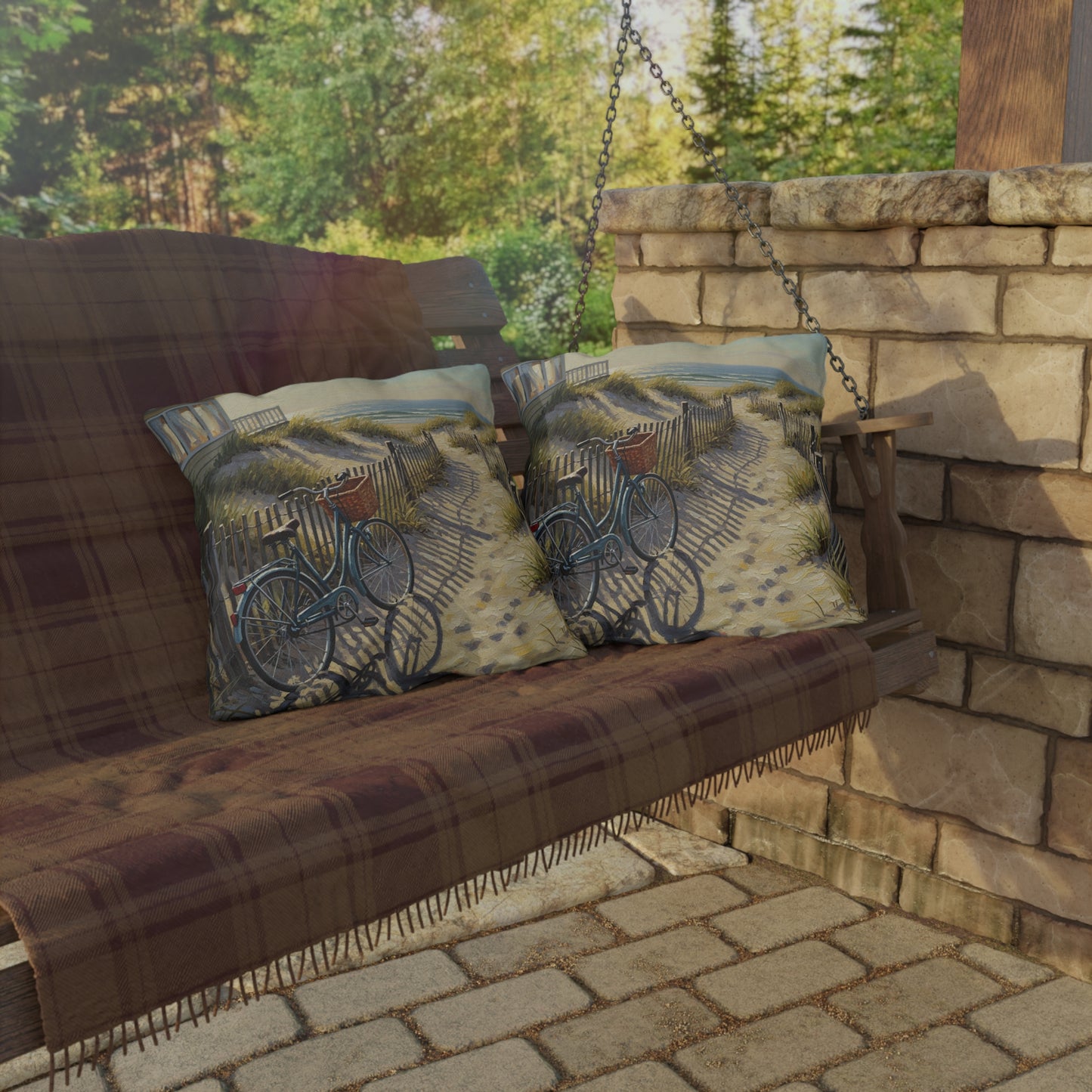 Wooden swing with patterned cushions on a stone patio