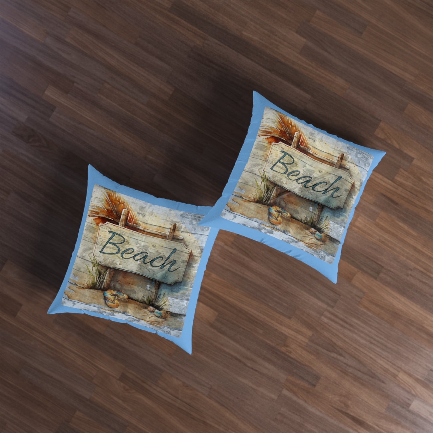 Rustic Beach Sign Blue Tufted Floor Pillow, Square on Caribbean Rays