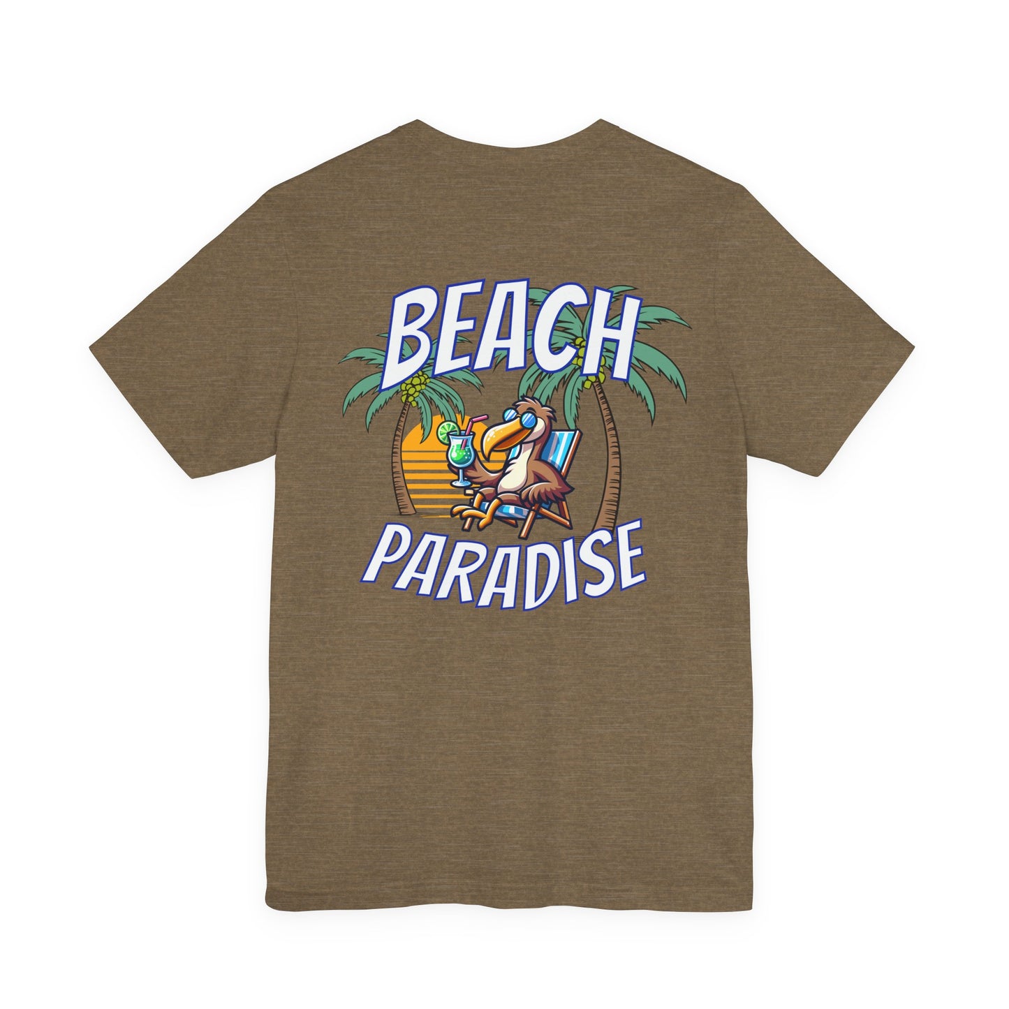 Brown t-shirt with 'Beach Paradise' graphic on a white background