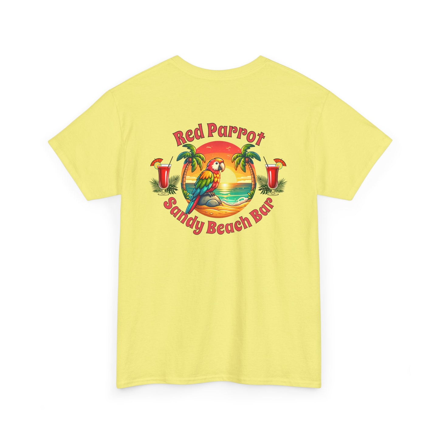 Red Parrot Sandy Beach Bar Unisex Casual Wear T-shirt at Caribbean Rays