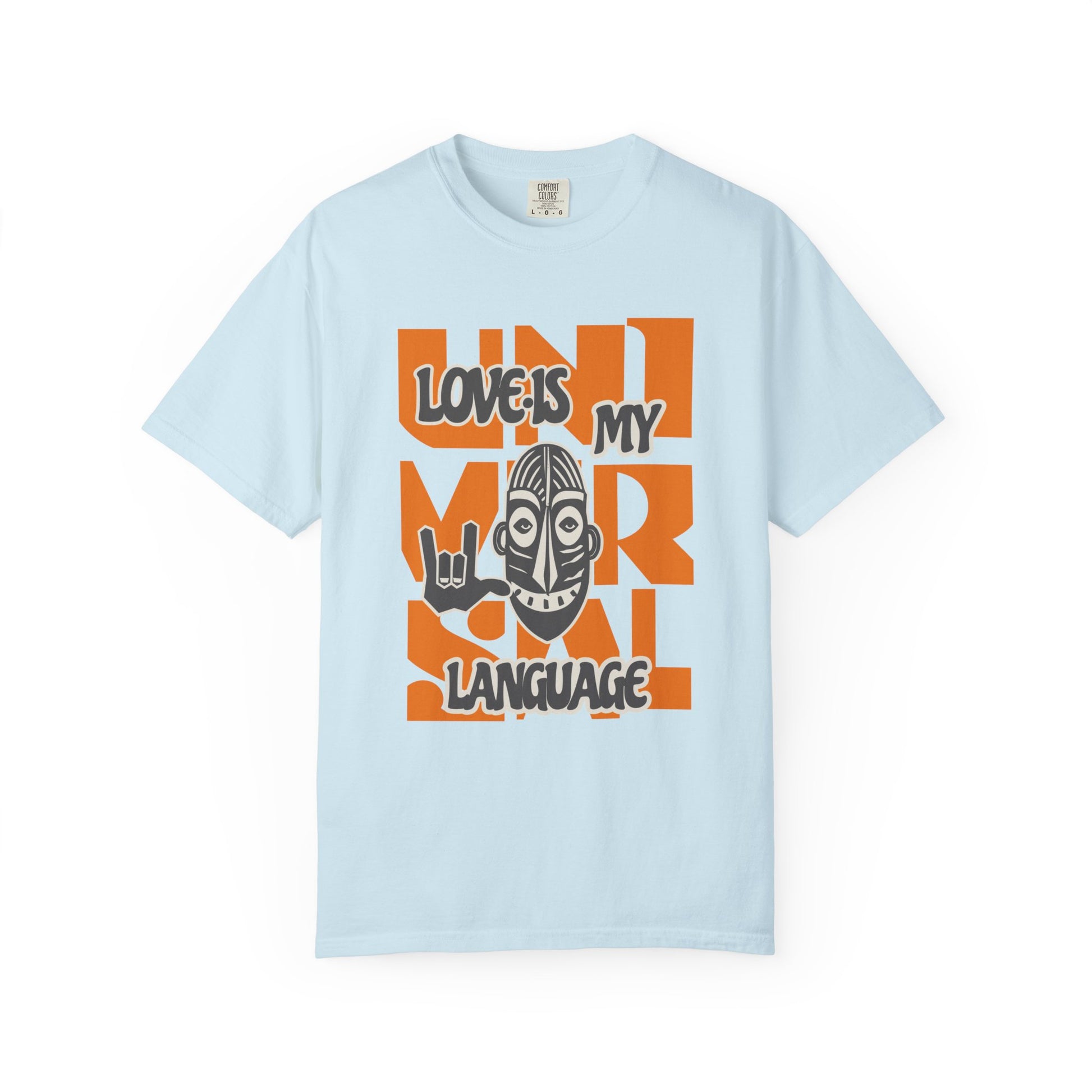 Light blue t-shirt with graphic design and text on a white background at Caribbean Rays