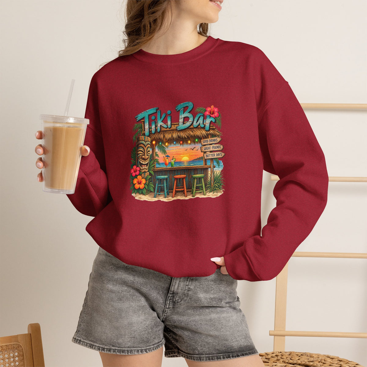 Tiki Bar Crewneck Sweatshirt — Retro Tropical Sunset Design