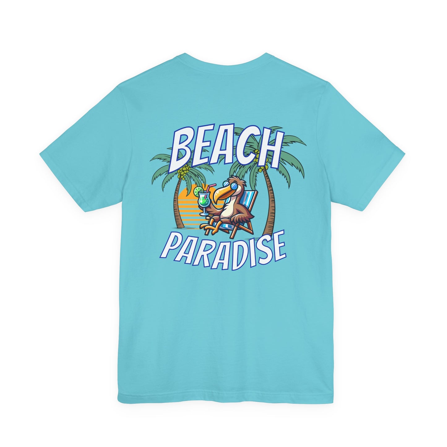 Light blue t-shirt with 'Beach Paradise' graphic on the back by Caribbean Rays