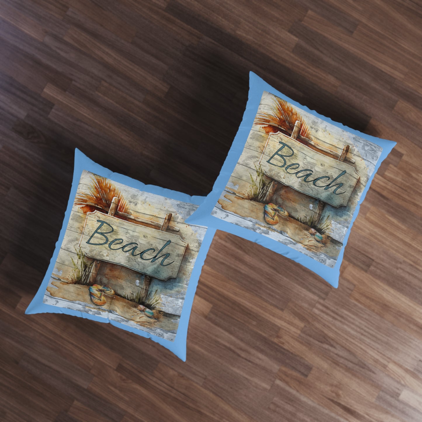 Rustic Beach Sign Blue Tufted Floor Pillow, Square Caribbean Rays
