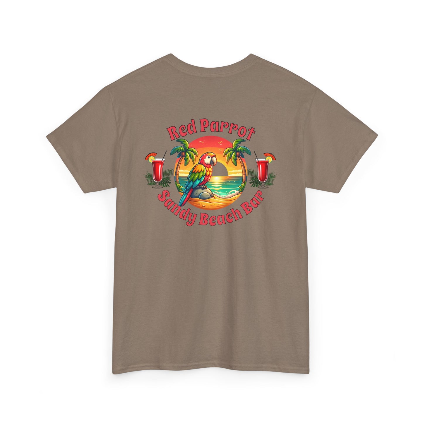 Red Parrot Sandy Beach Bar Unisex Casual Wear T-shirt by Caribbean Rays