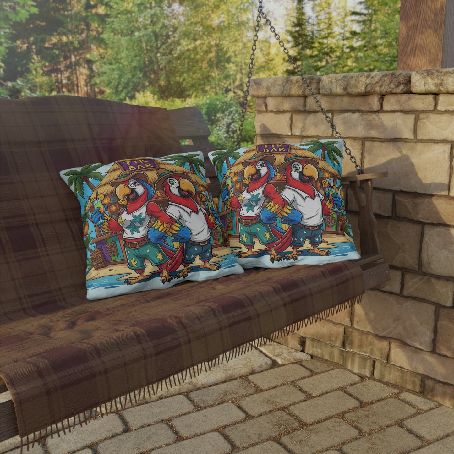 Tropical Parrot Tiki Bar Outdoor Pillow — Caribbean Beach Patio Decor
