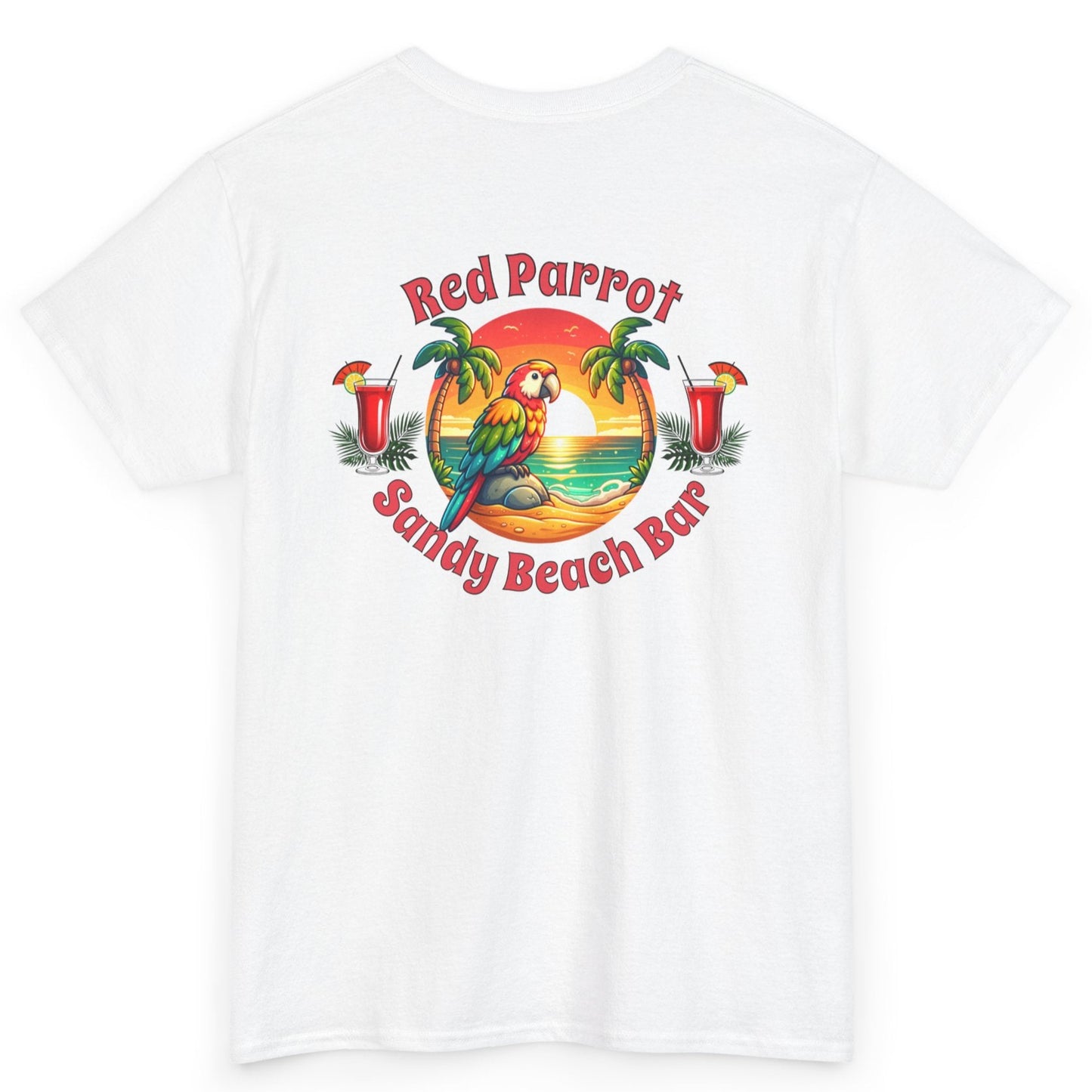 Red Parrot Sandy Beach Bar Unisex Casual Wear T-shirt by Caribbean Rays