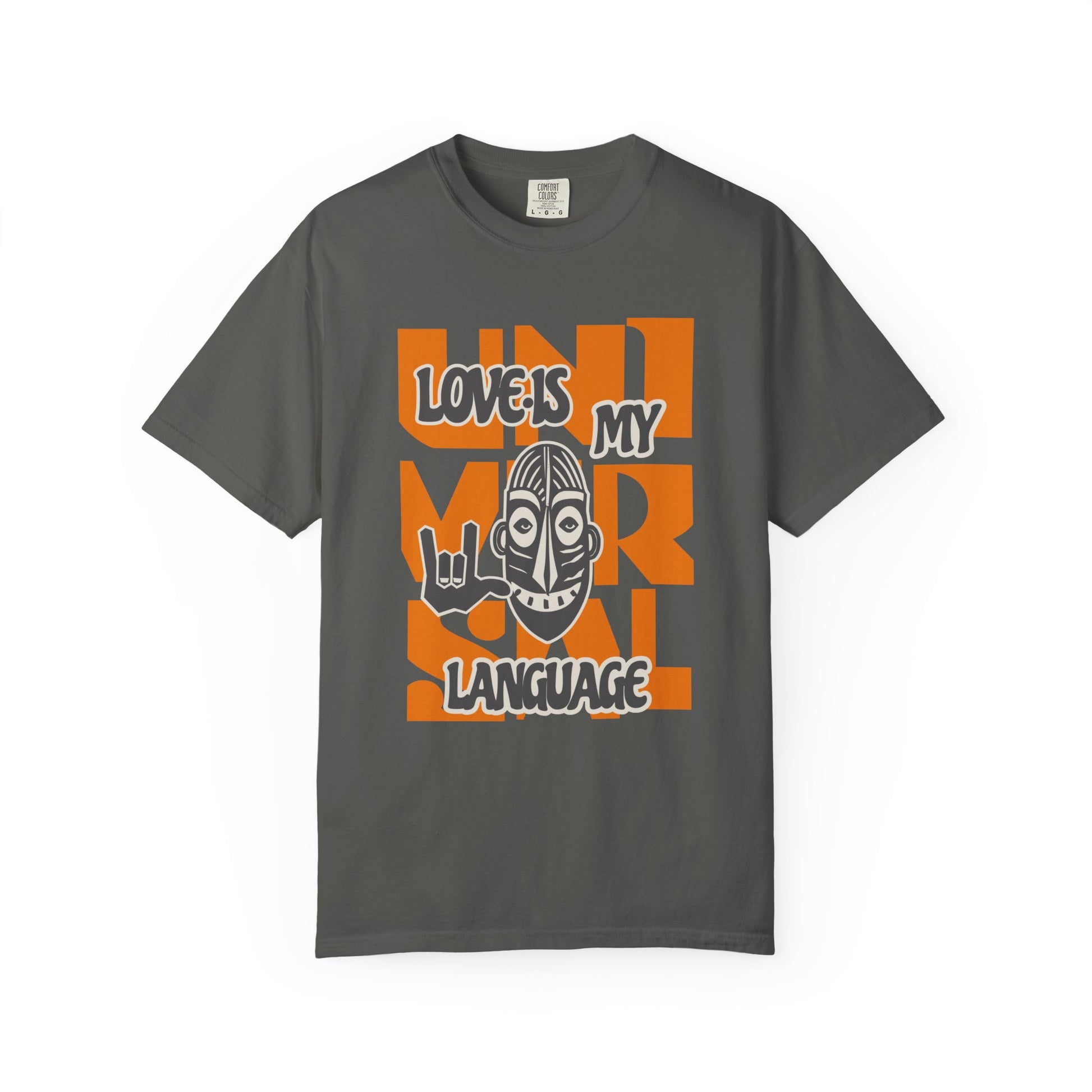 Gray t-shirt with orange and white graphic design on a white background at Caribbean Rays