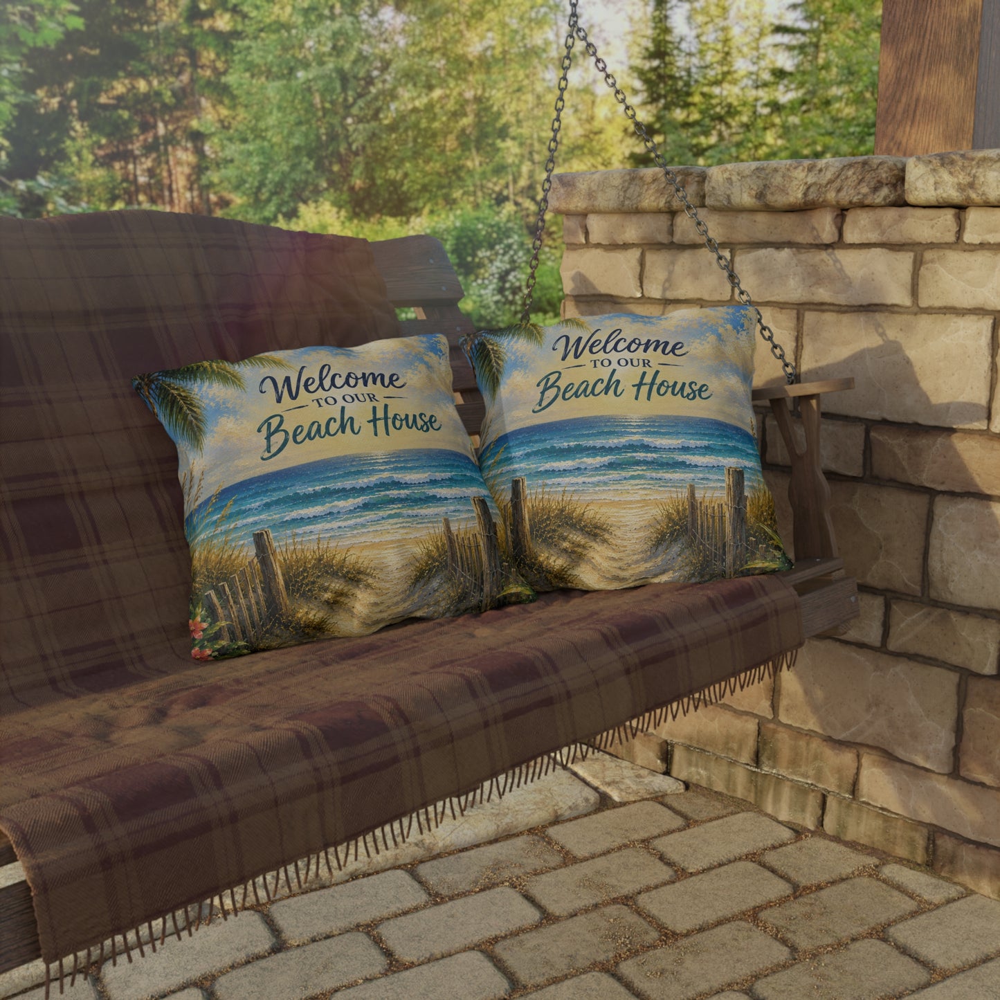 Welcome to Our Beach House Outdoor Pillow — Coastal Decorative Accent for Patio, Porch & Beach Home