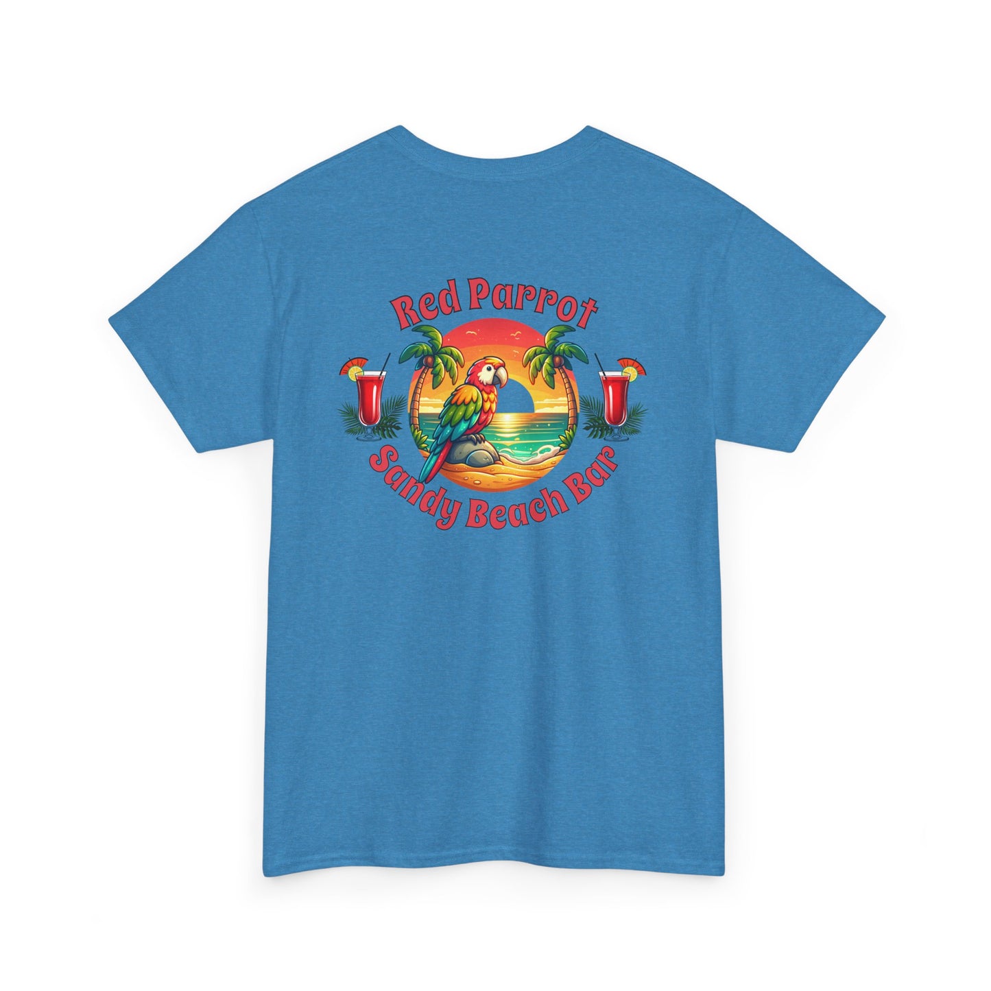 Red Parrot Sandy Beach Bar Unisex Casual Wear T-shirt on Caribbean Rays