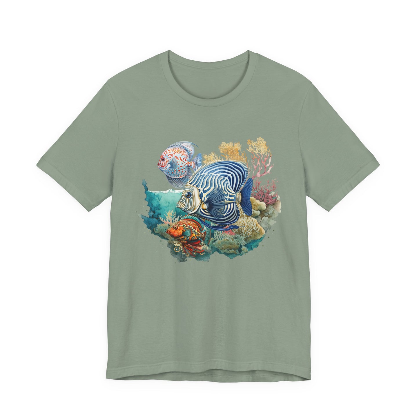 Sage green t-shirt with a colorful fish and coral design on a white background by Caribbean Rays