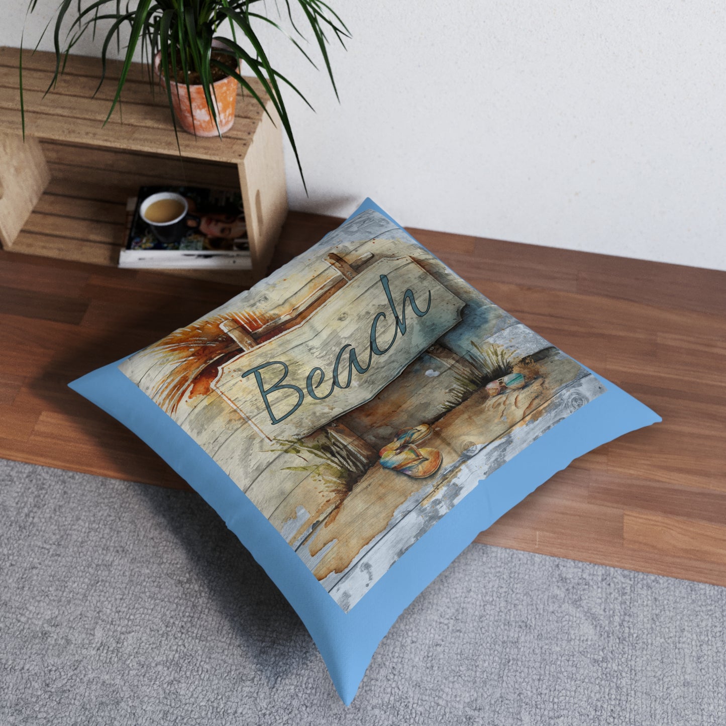 Rustic Beach Sign Blue Tufted Floor Pillow, Square