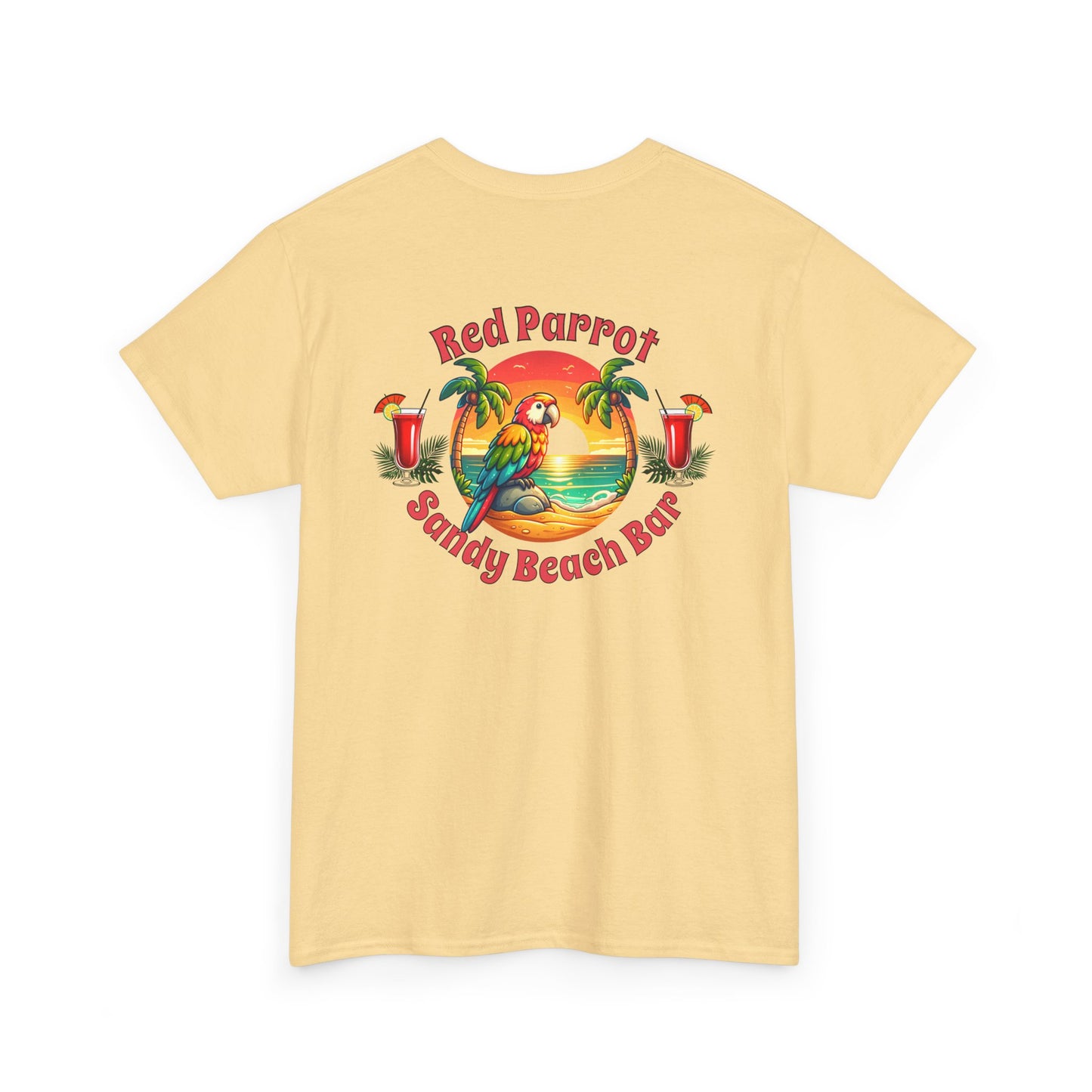 Red Parrot Sandy Beach Bar Unisex Casual Wear T-shirt by Caribbean Rays