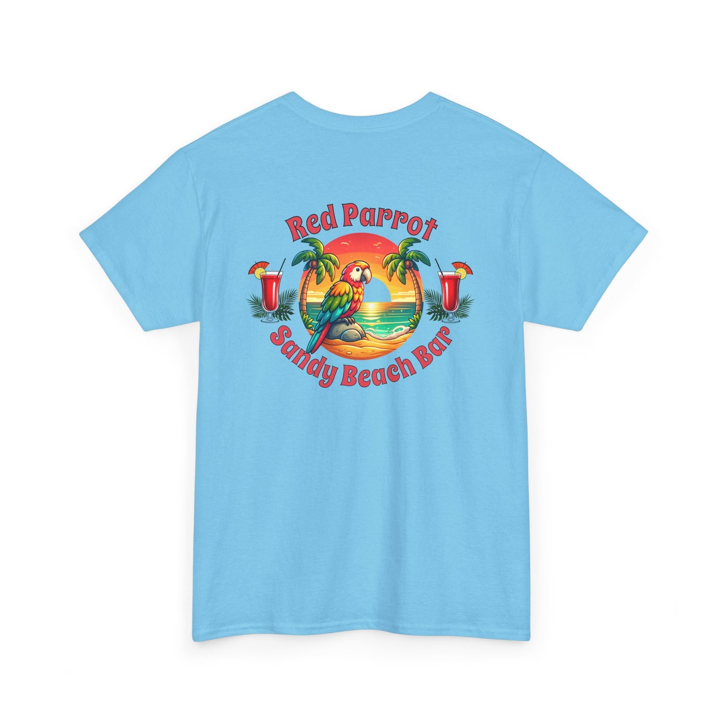 Red Parrot Sandy Beach Bar Unisex Casual Wear T-shirt on Caribbean Rays