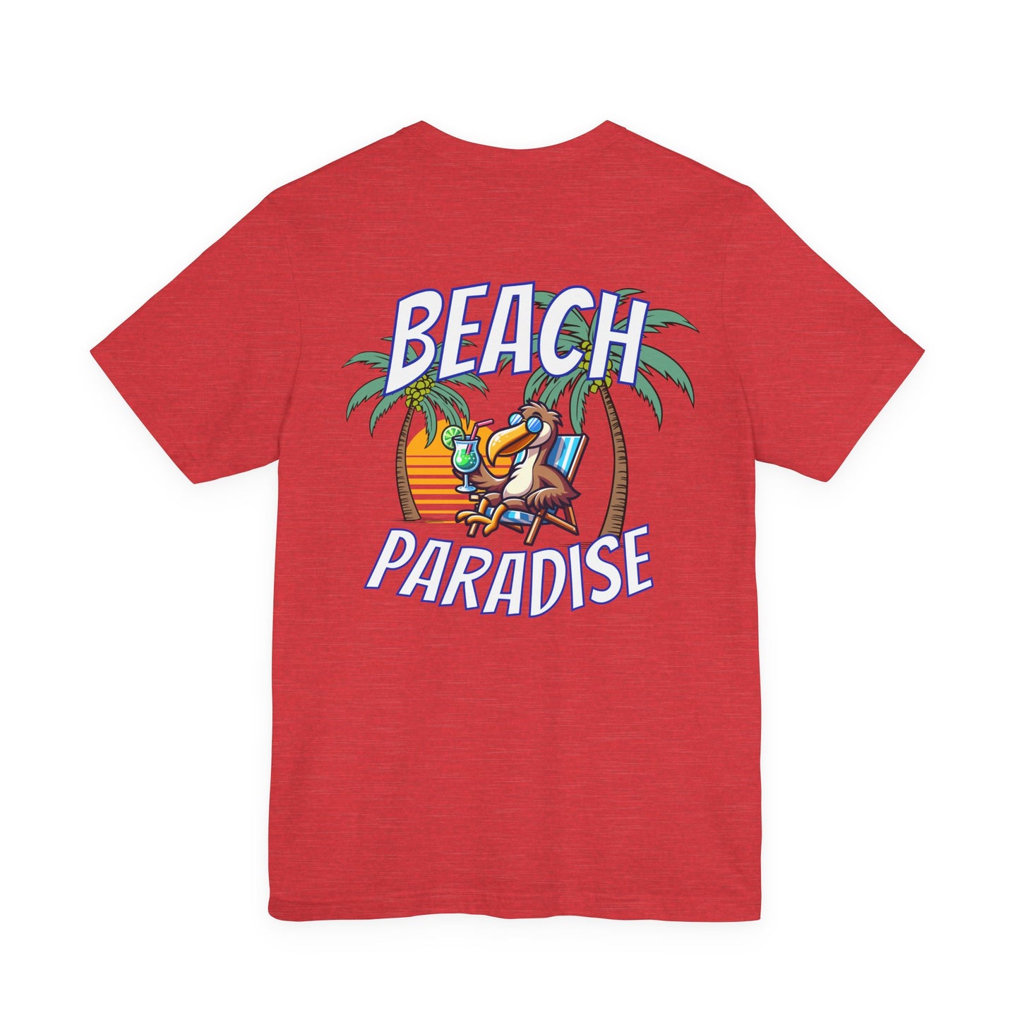 Red t-shirt with 'Beach Paradise' graphic on a white background