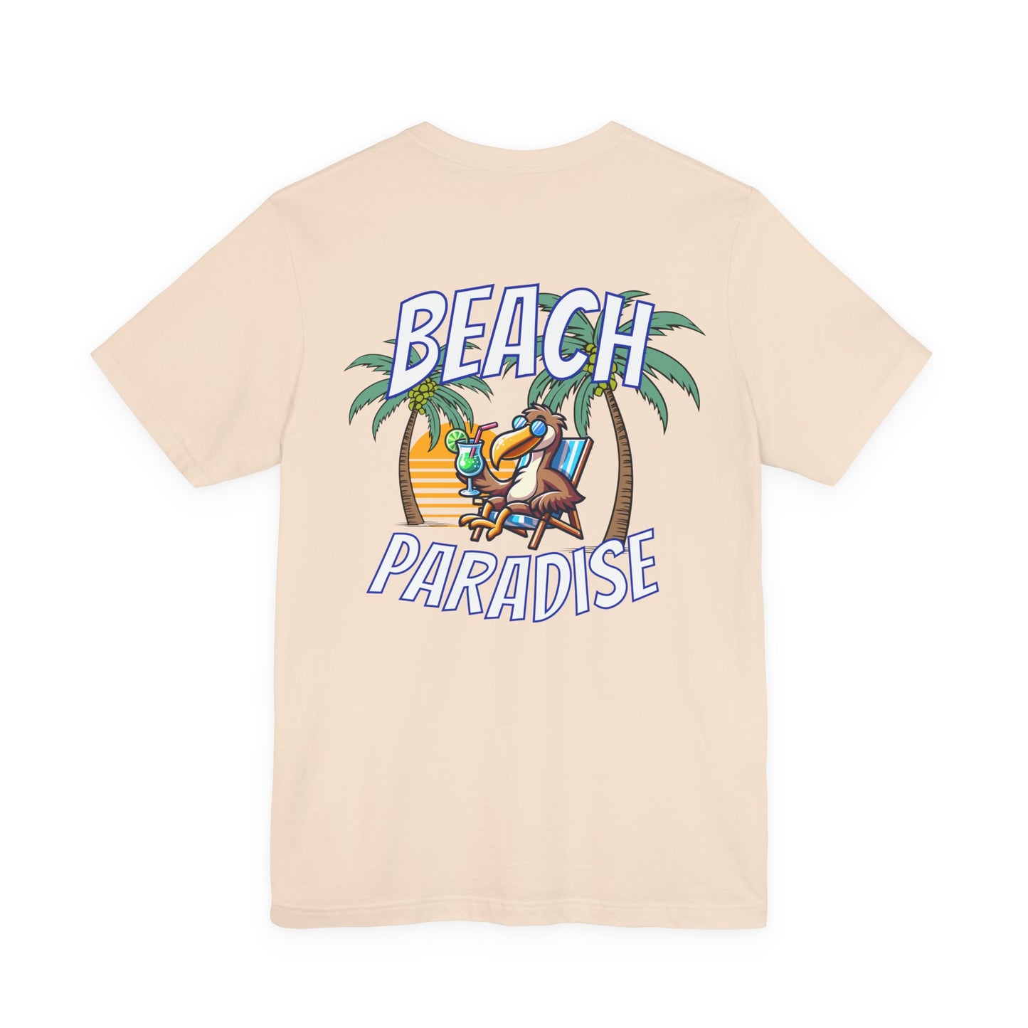 Beige t-shirt with 'Beach Paradise' graphic featuring a palm tree and lounge chair on a white background by Caribbean Rays