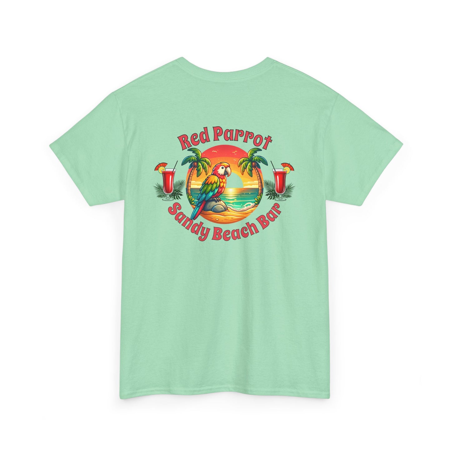 Red Parrot Sandy Beach Bar Unisex Casual Wear T-shirt at Caribbean Rays