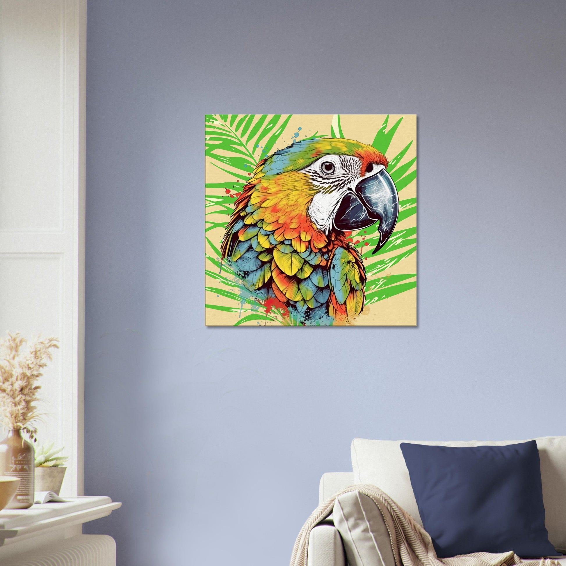 Colorful Parrot Head Left Canvas Wall Print on Caribbean Rays