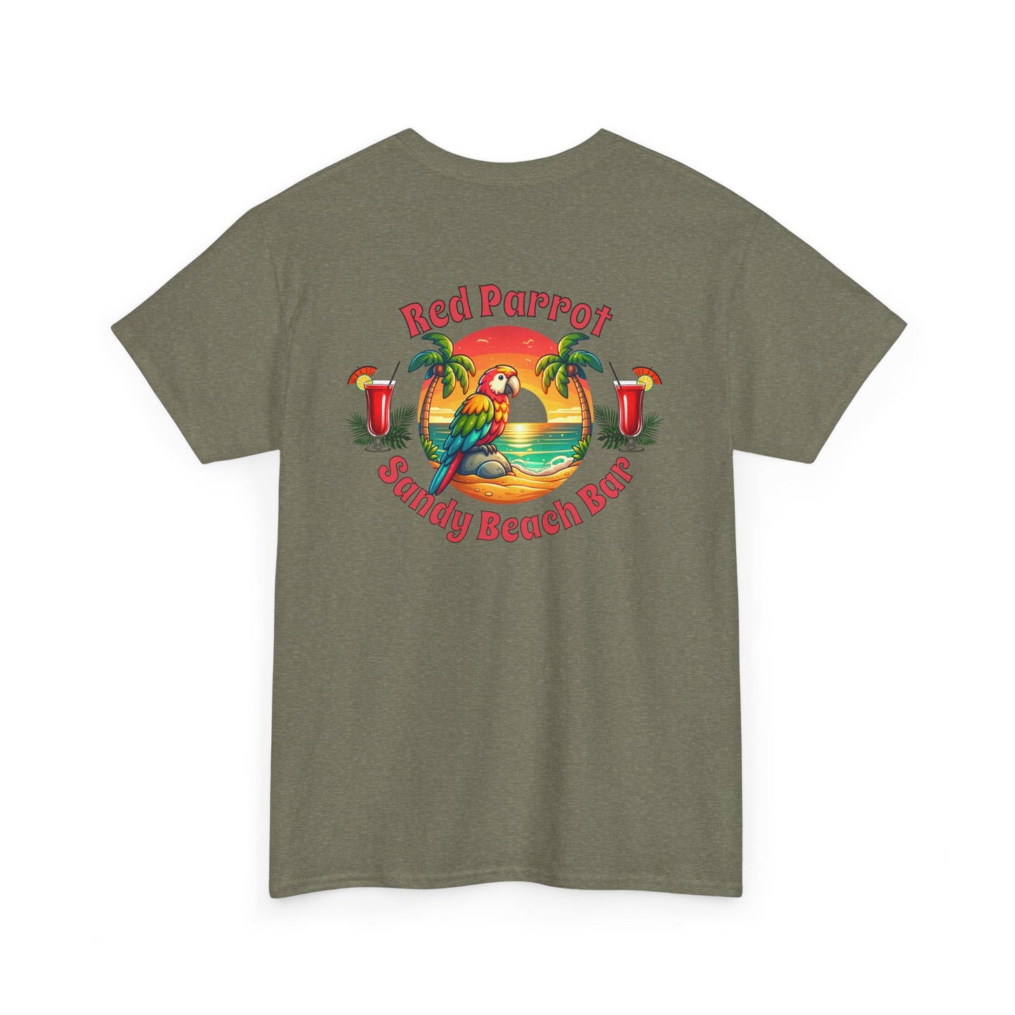 Red Parrot Sandy Beach Bar Unisex Casual Wear T-shirt at Caribbean Rays