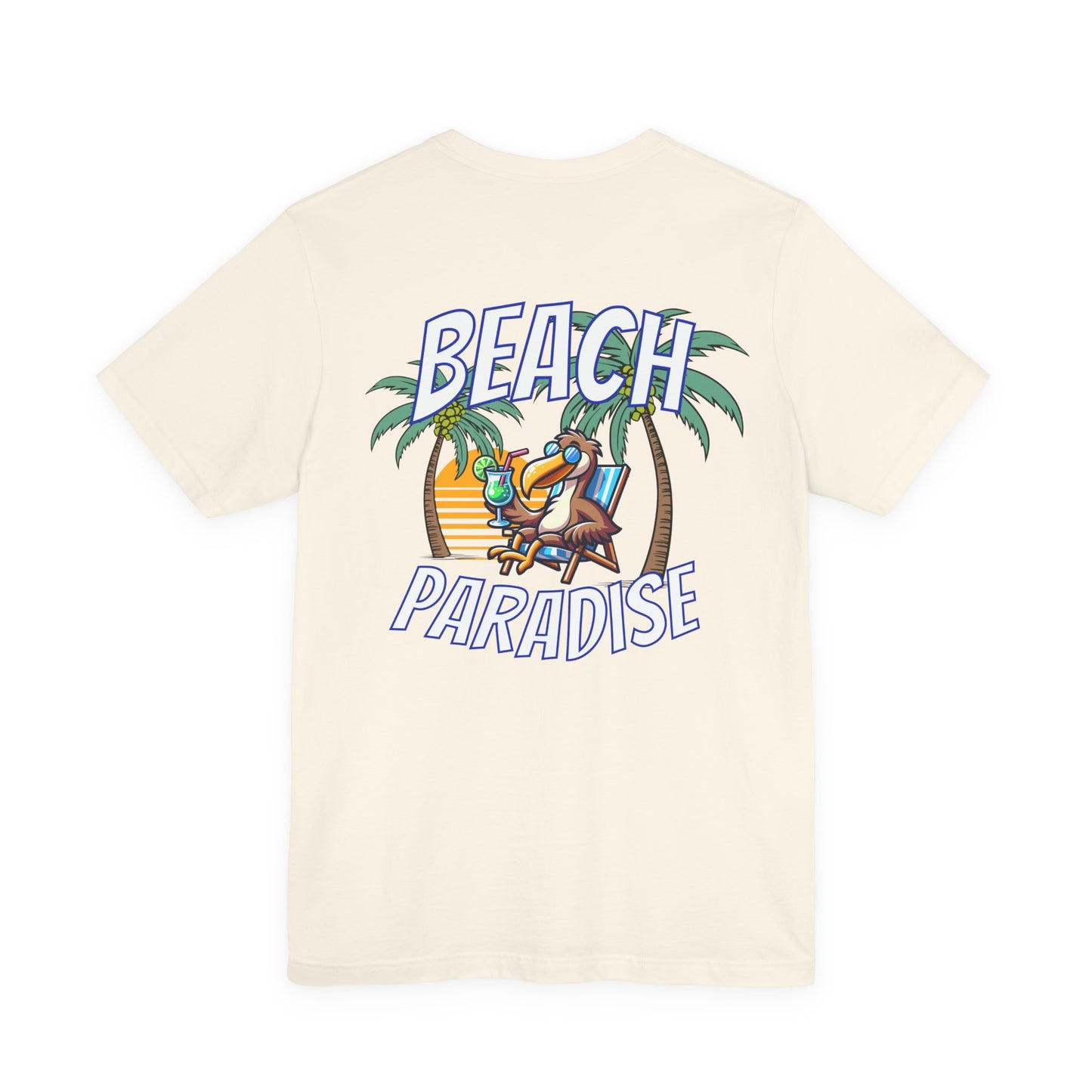 Beige t-shirt with 'Beach Paradise' graphic featuring a palm tree, lounge chair, and sunglasses on a white background by Caribbean Rays