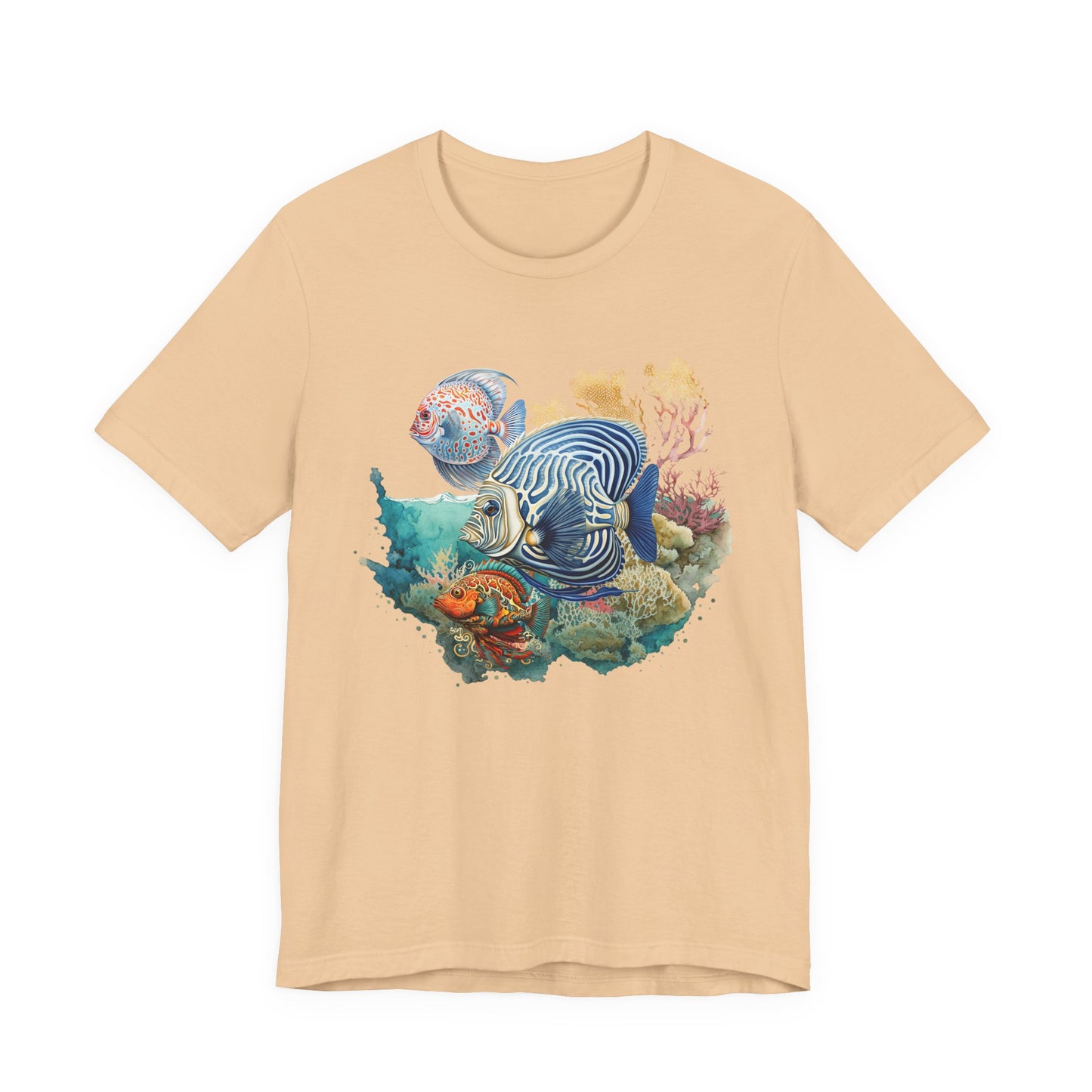 Beige t-shirt with an underwater scene featuring a fish and coral on a white background by Caribbean Rays