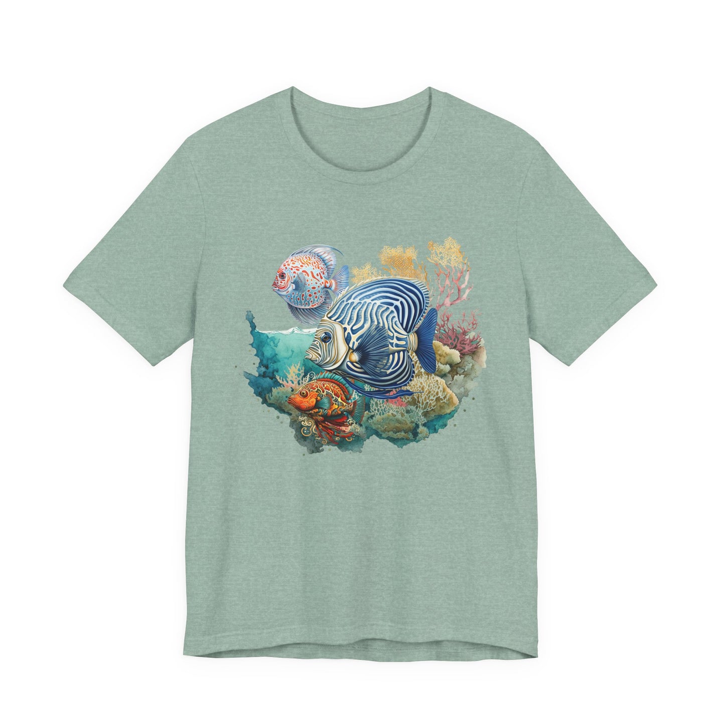 Green t-shirt with a colorful fish and coral design on a white background by Caribbean Rays