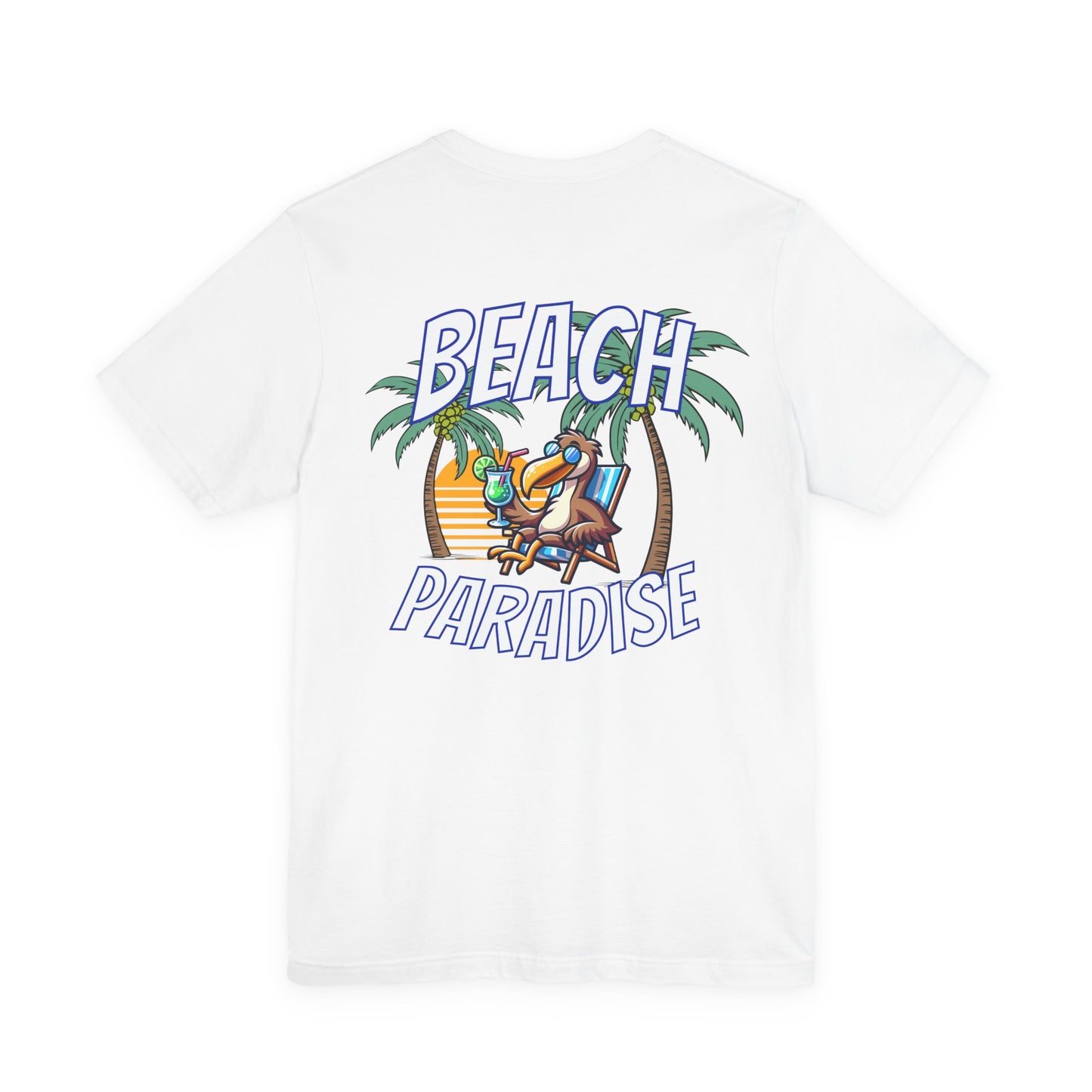 White t-shirt with 'Beach Paradise' graphic featuring palm trees and a beach chair on a white background by Caribbean Rays