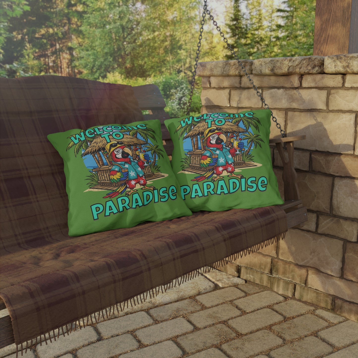 Welcome to Paradise Outdoor Pillow — Tropical Parrot Tiki Bar Throw Pillow for Patio & Pool