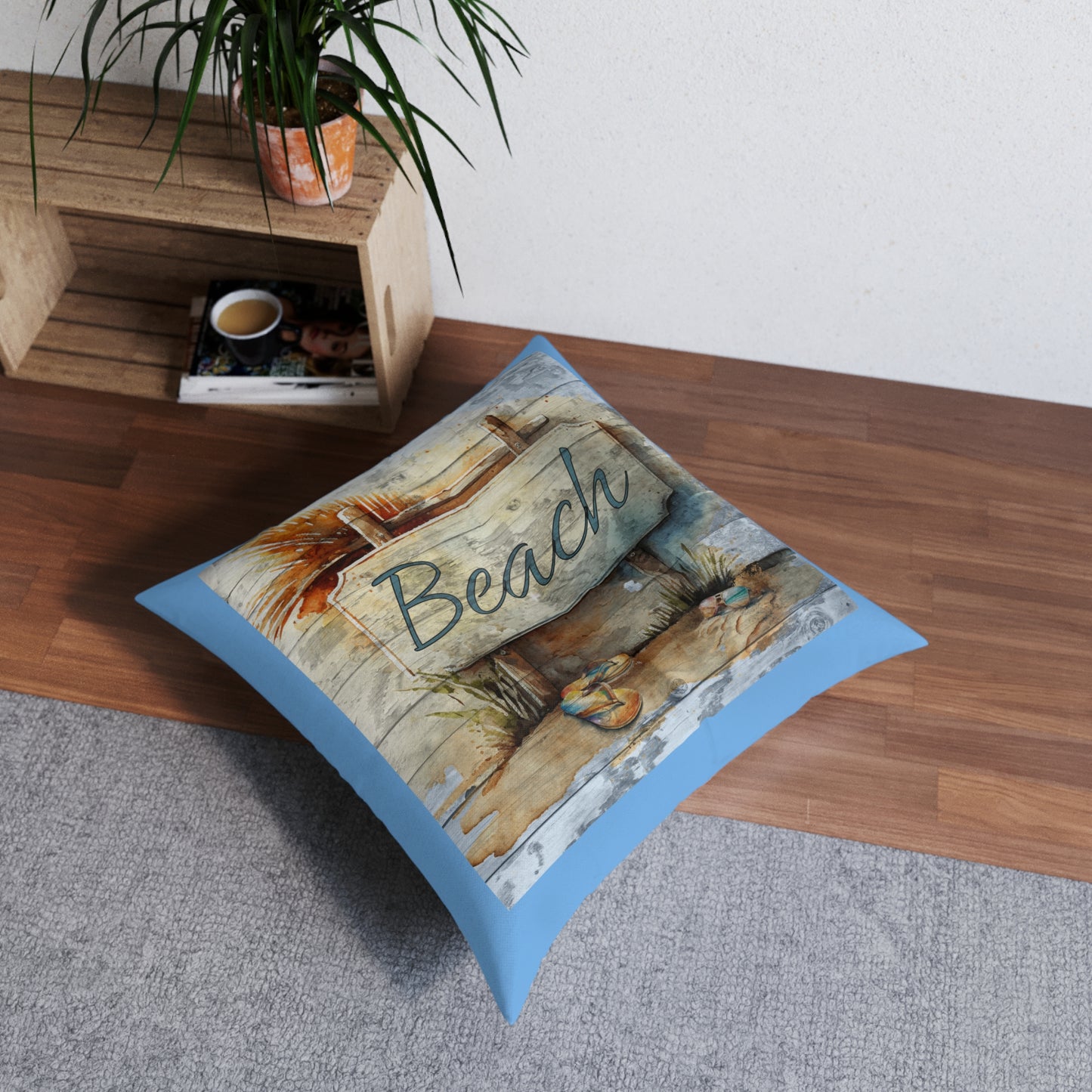 Rustic Beach Sign Blue Tufted Floor Pillow, Square - Caribbean Rays