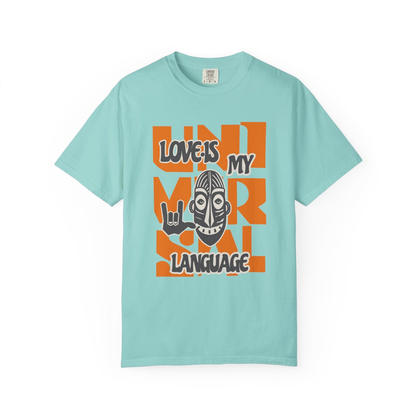 Light blue t-shirt with colorful graphic design on a white background at Caribbean Rays