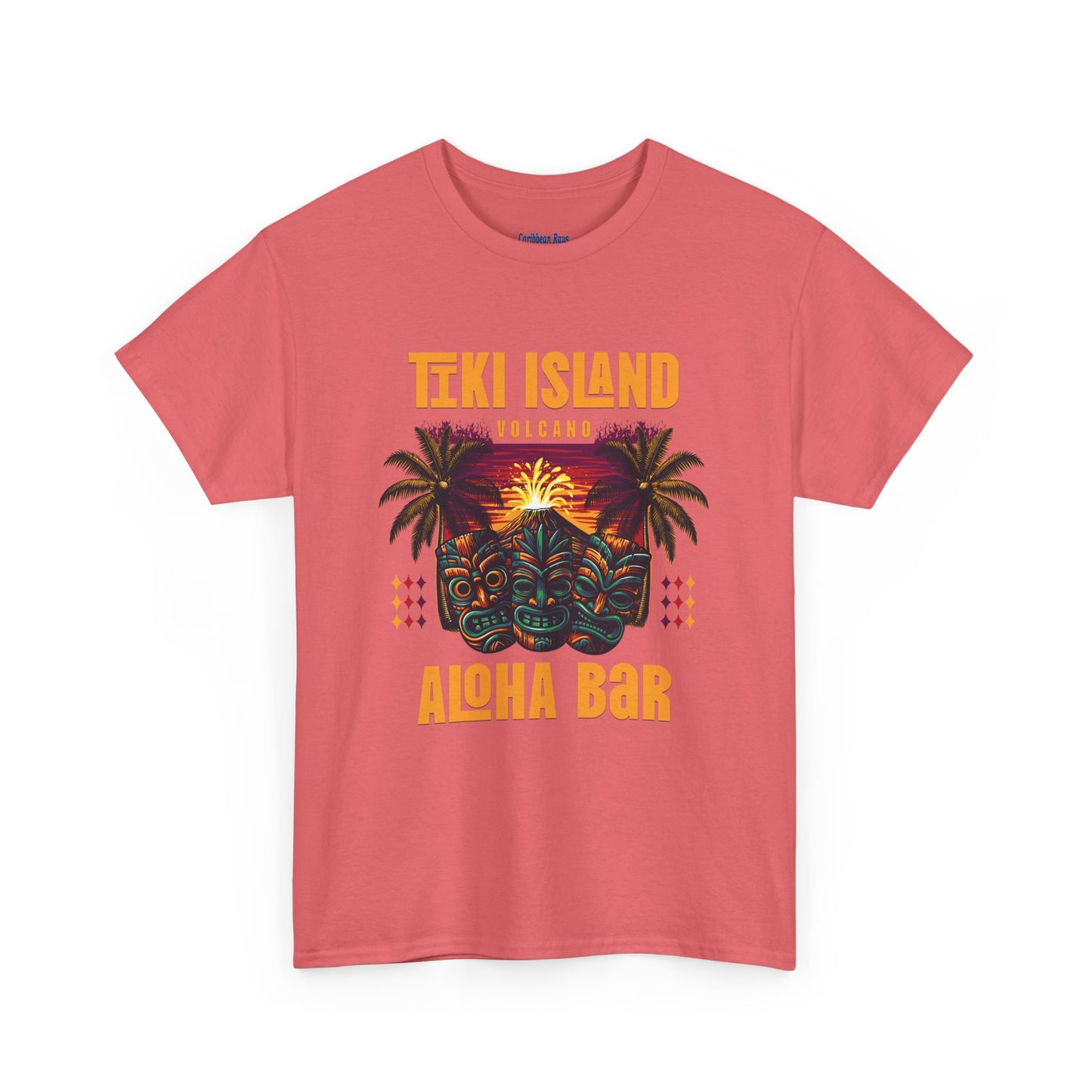 Pink t-shirt with Tiki Island Aloha Bar design on a white background at Caribbean Rays