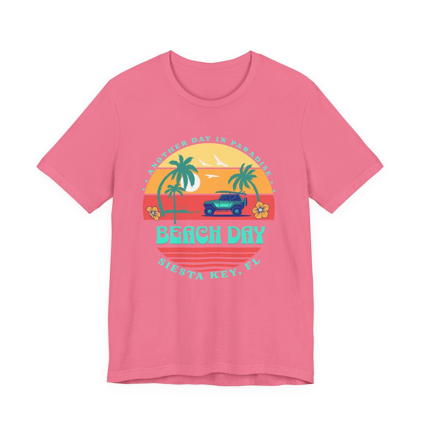 Pink t-shirt with a 'Beach Day' graphic on a white background - Caribbean Rays