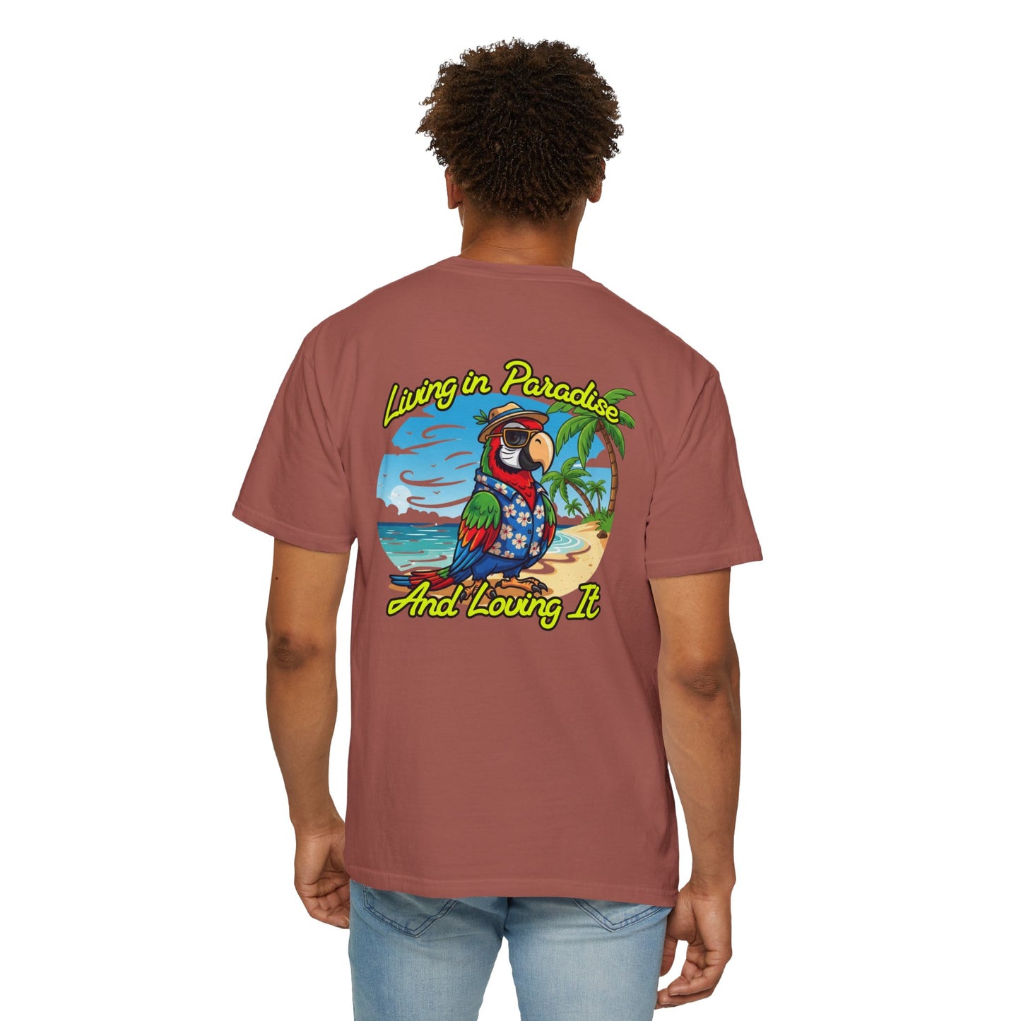 T-Shirt — "Living in Paradise and Loving It" Tropical Parrot Beach Tee