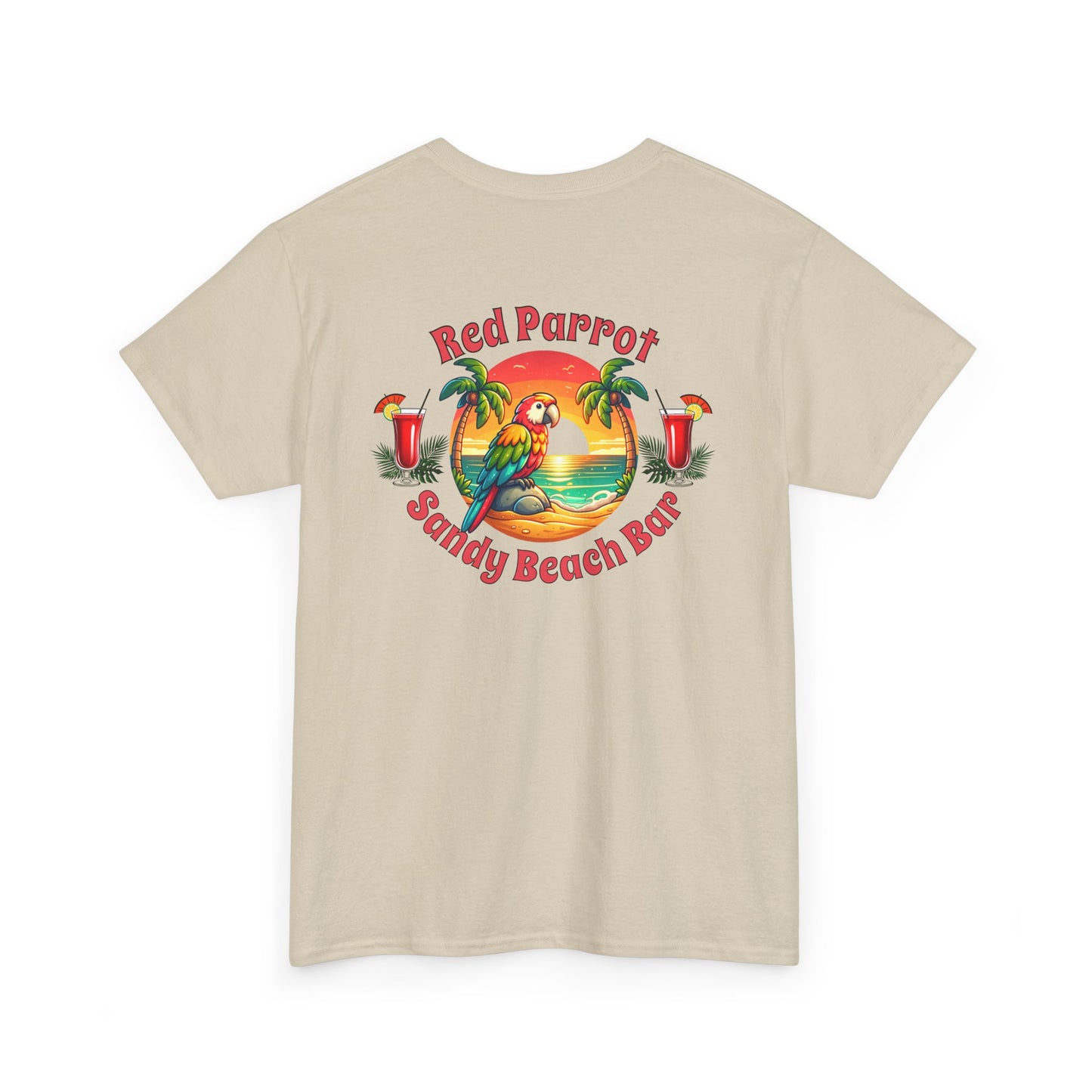 Red Parrot Sandy Beach Bar Unisex Casual Wear T-shirt by Caribbean Rays