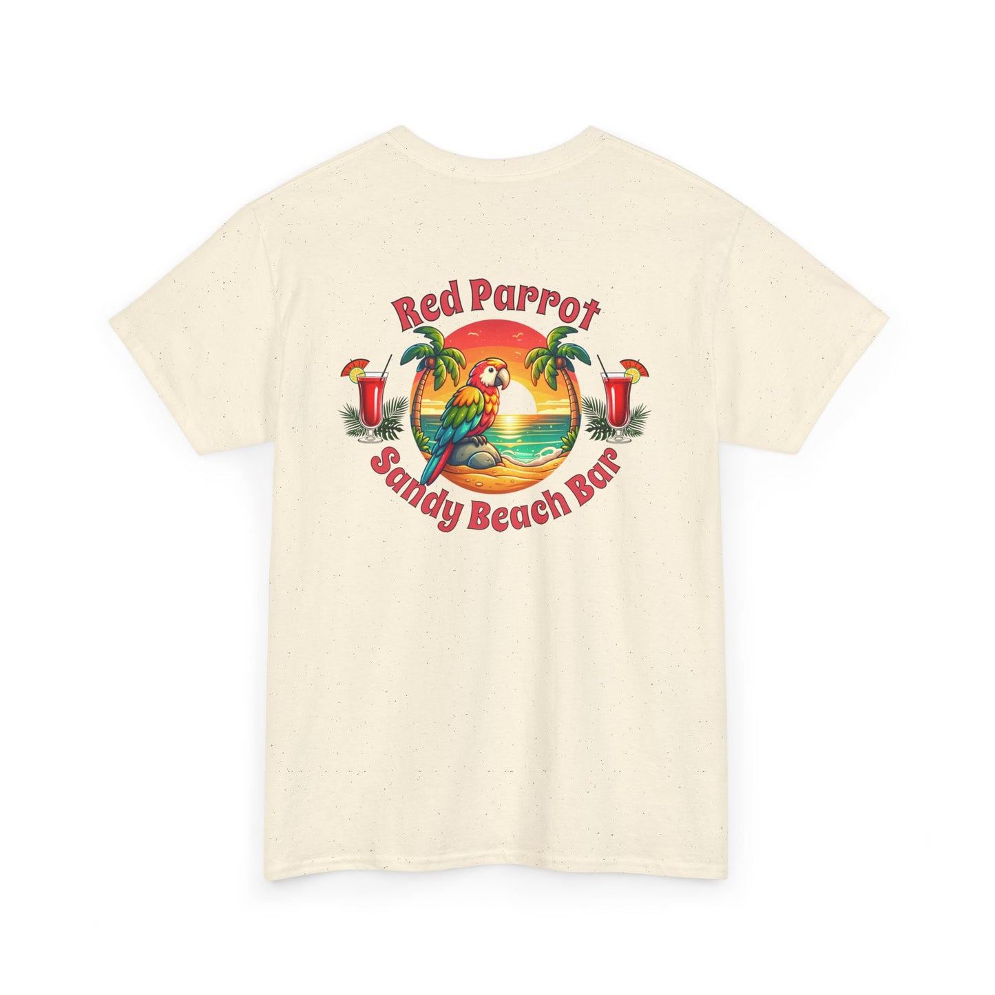 Red Parrot Sandy Beach Bar Unisex Casual Wear T-shirt at Caribbean Rays