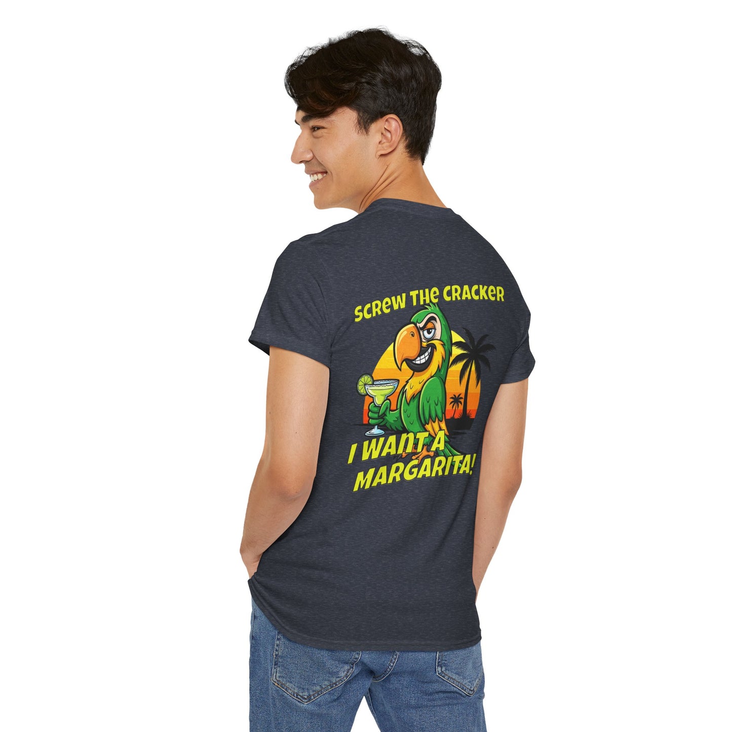Screw the Cracker I Want a Margarita" T-Shirt Tropical Parrot Cocktail Tee