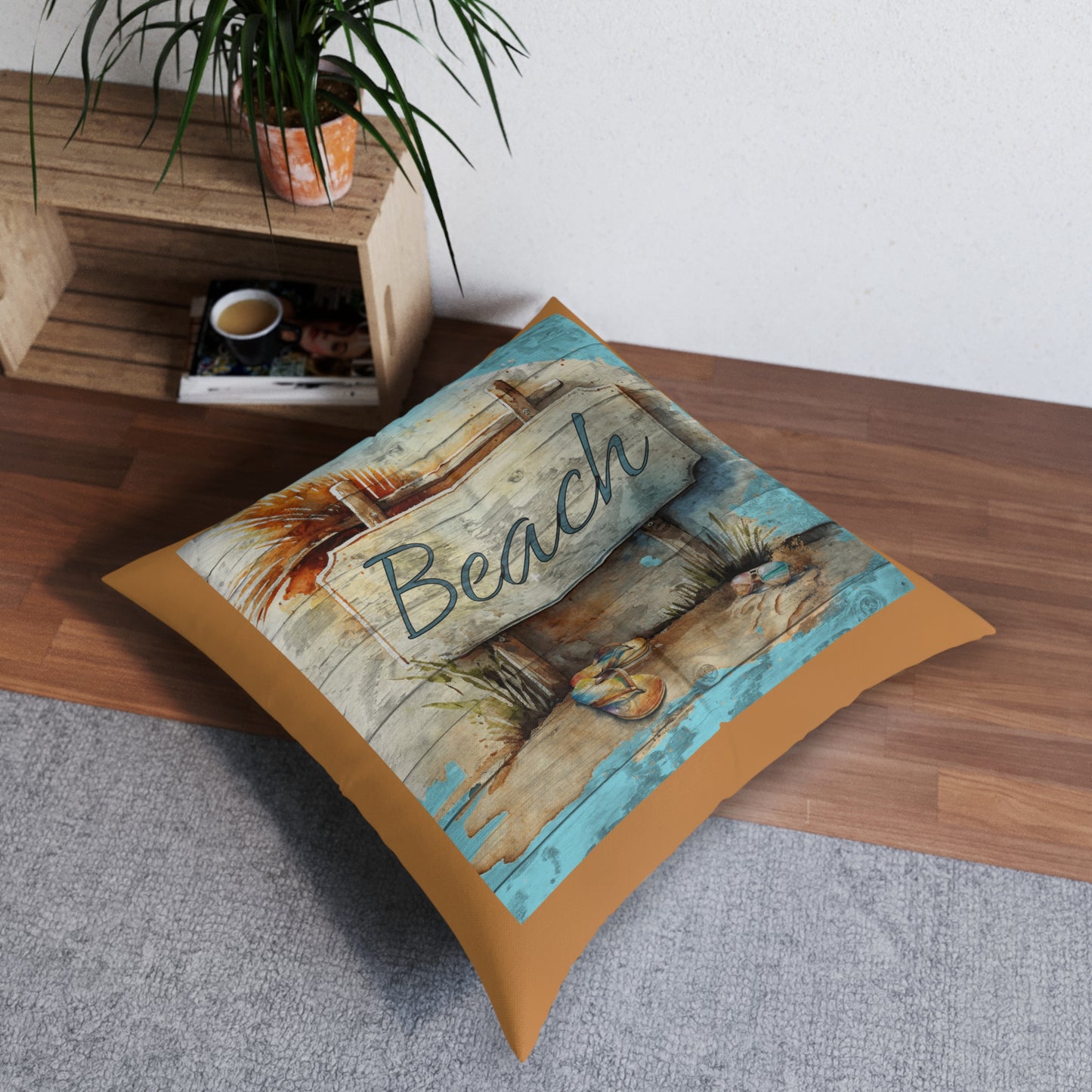 Rustic Beach Sign Brown Tufted Floor Pillow, Square