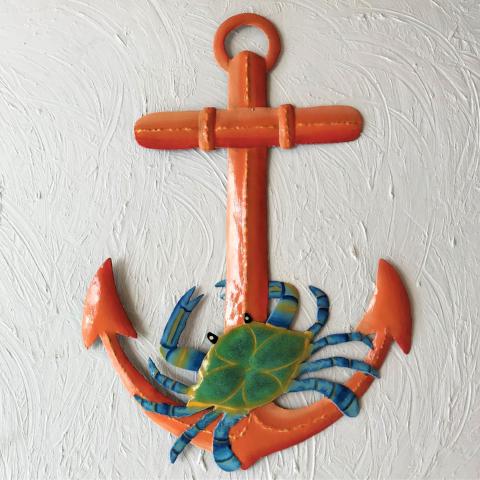 17in Metal Orange Anchor with Blue Crab Wall Art