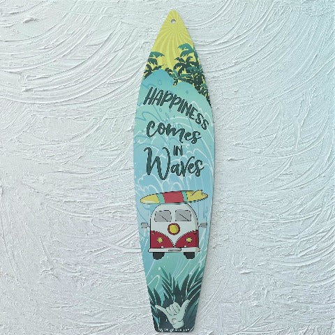 17in Happiness Comes in Waves Aluminum Metal Surfboard Sign by Caribbean Rays