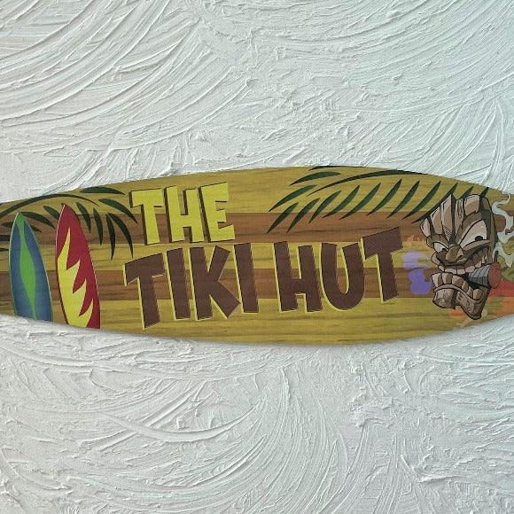 17in The Tiki Hut Aluminum Metal Surfboard Sign at Caribbean Rays