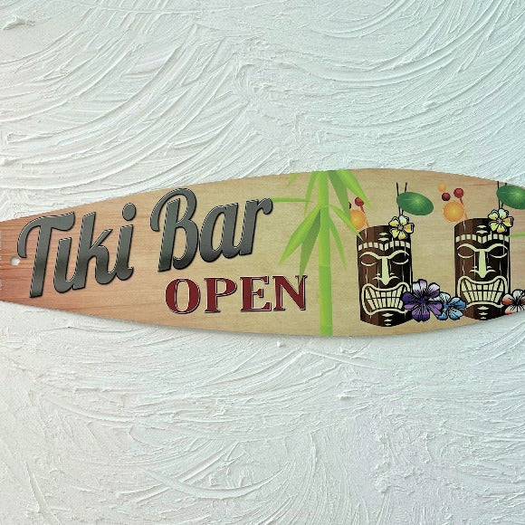 17in Tiki Bar Open Aluminum Metal Surfboard Sign at Caribbean Rays
